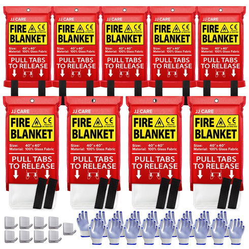 JJ CARE Fire Blanket - 9 Packs with Hooks and Gloves - Emergency Fire Blanket for Home & Kitchen, High Heat Resistant Fire Suppression Blankets for Home Safety, Kitchen, and Camping